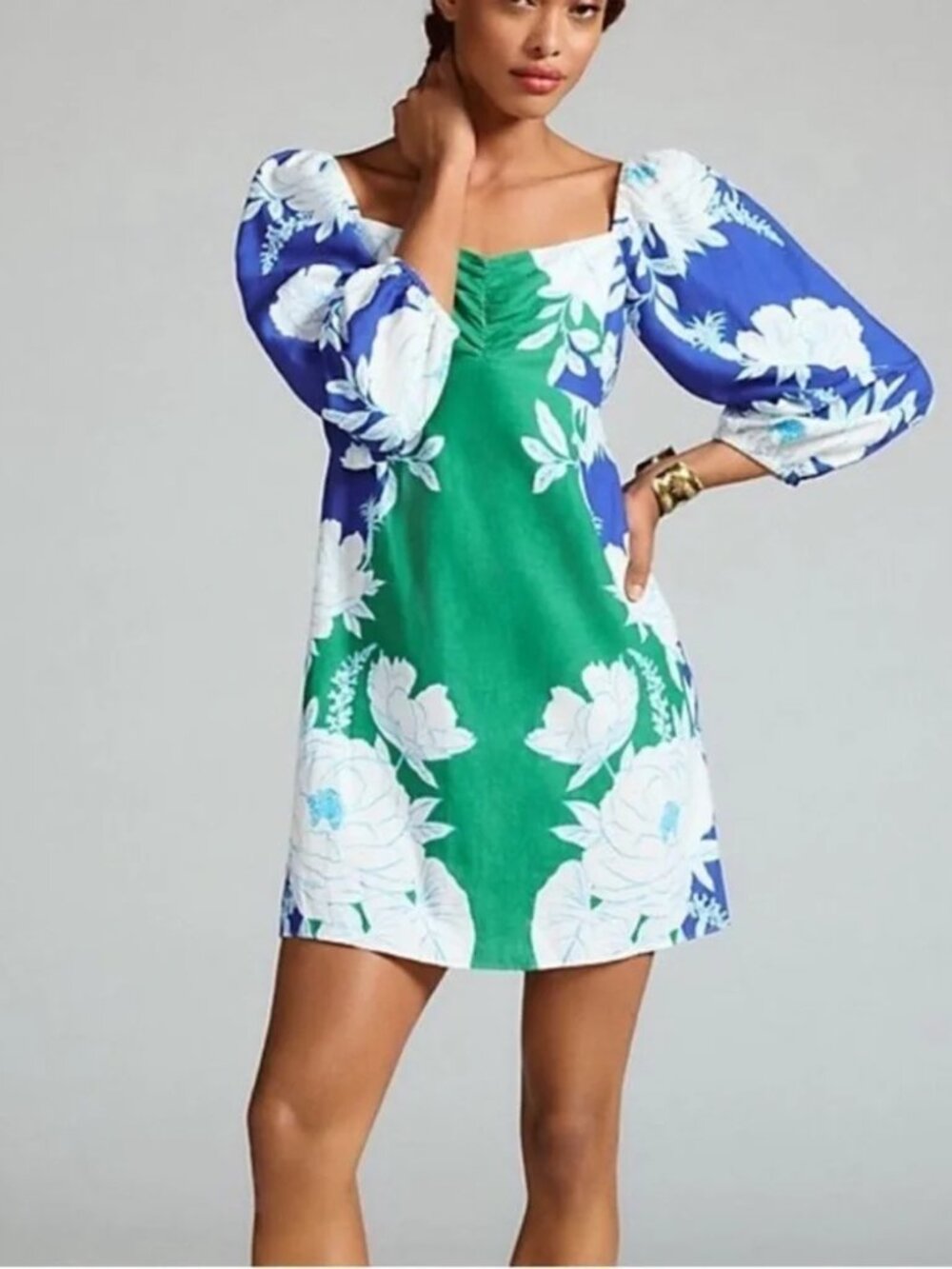 Farm Rio Soft Garden Mini Dress Linen Puff Sleeve Sweetheart Floral Blue NWT XS - Picture 4 of 10